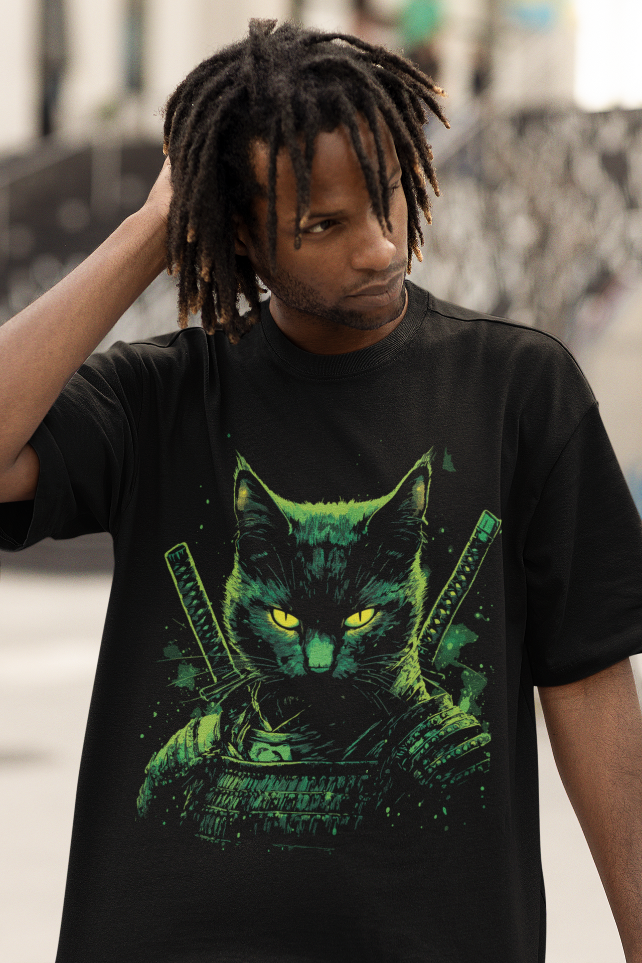 Mizuchi x Nerd Arena ‘Shinobi Cat’ Oversized Premium T-Shirt – Jet Black (Limited Edition)