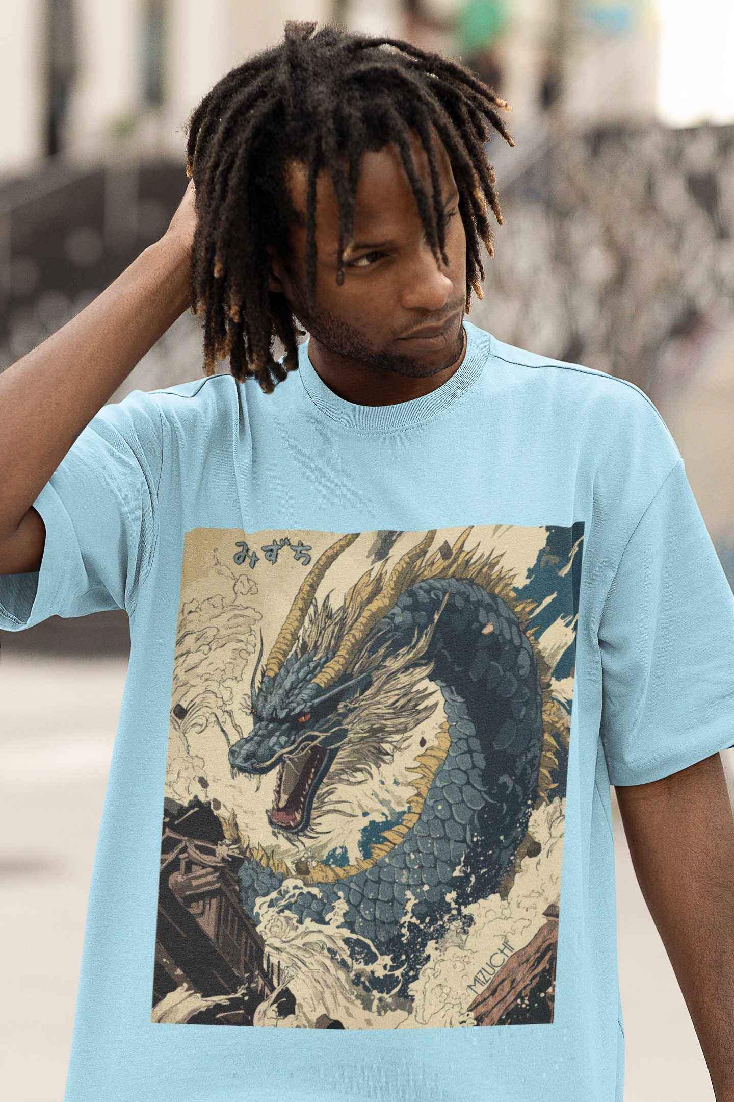 Mizuchi x Nerd Arena ‘Ryujin Uprising’ Oversized Premium T-Shirt – Ice Blue (Limited Edition)