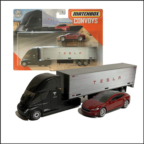Matchbox Convoys Series Tesla Semi & Box Trailer with red Tesla Model S