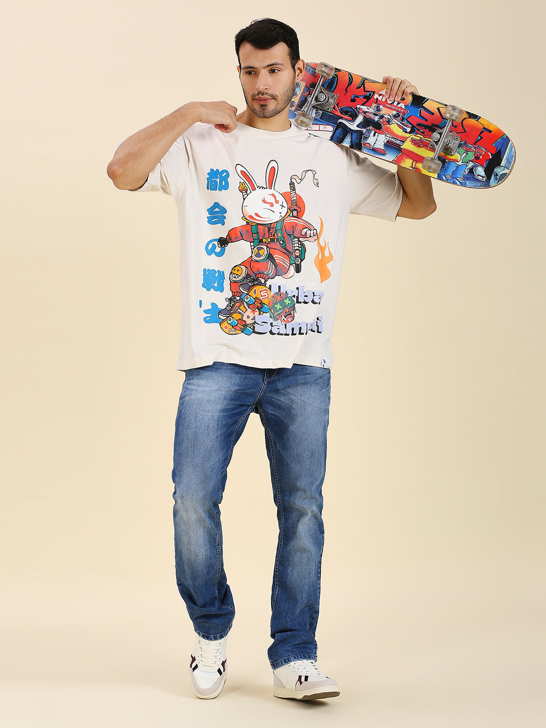 Mizuchi x Nerd Arena ‘Skater Samurai Bunny’ Oversized Premium T-Shirt – Bone White (Limited Edition)