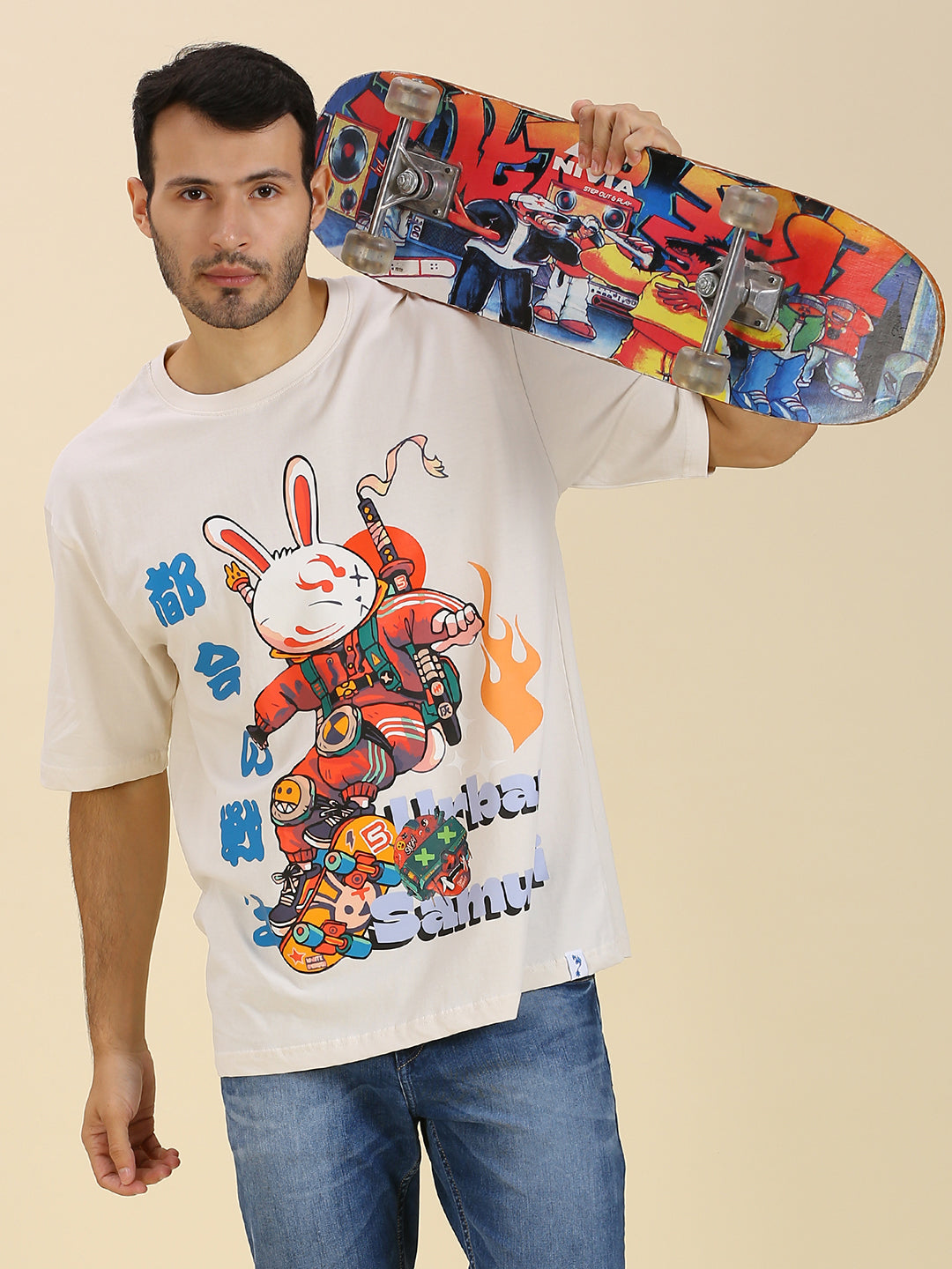 Mizuchi x Nerd Arena ‘Skater Samurai Bunny’ Oversized Premium T-Shirt – Bone White (Limited Edition)