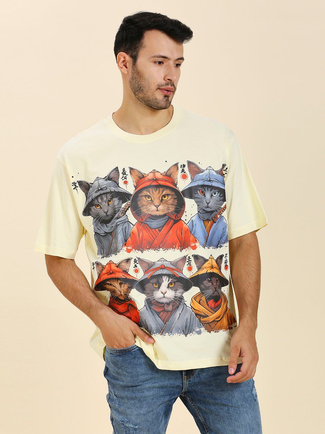 Mizuchi x Nerd Arena ‘Samurai Neko Gundan’ Oversized Premium T-Shirt – Pastel Lemon (Limited Edition)