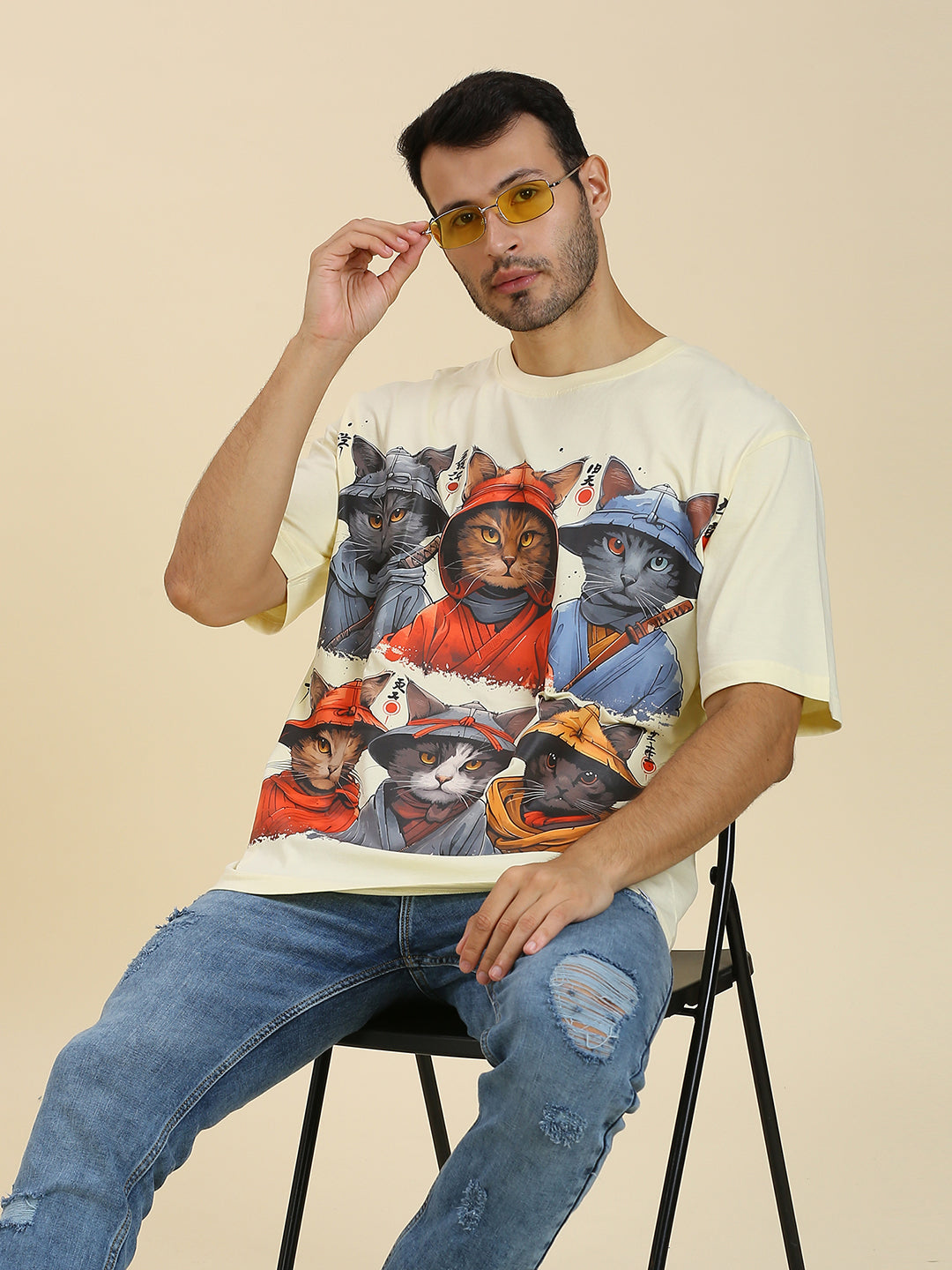 Mizuchi x Nerd Arena ‘Samurai Neko Gundan’ Oversized Premium T-Shirt – Pastel Lemon (Limited Edition)