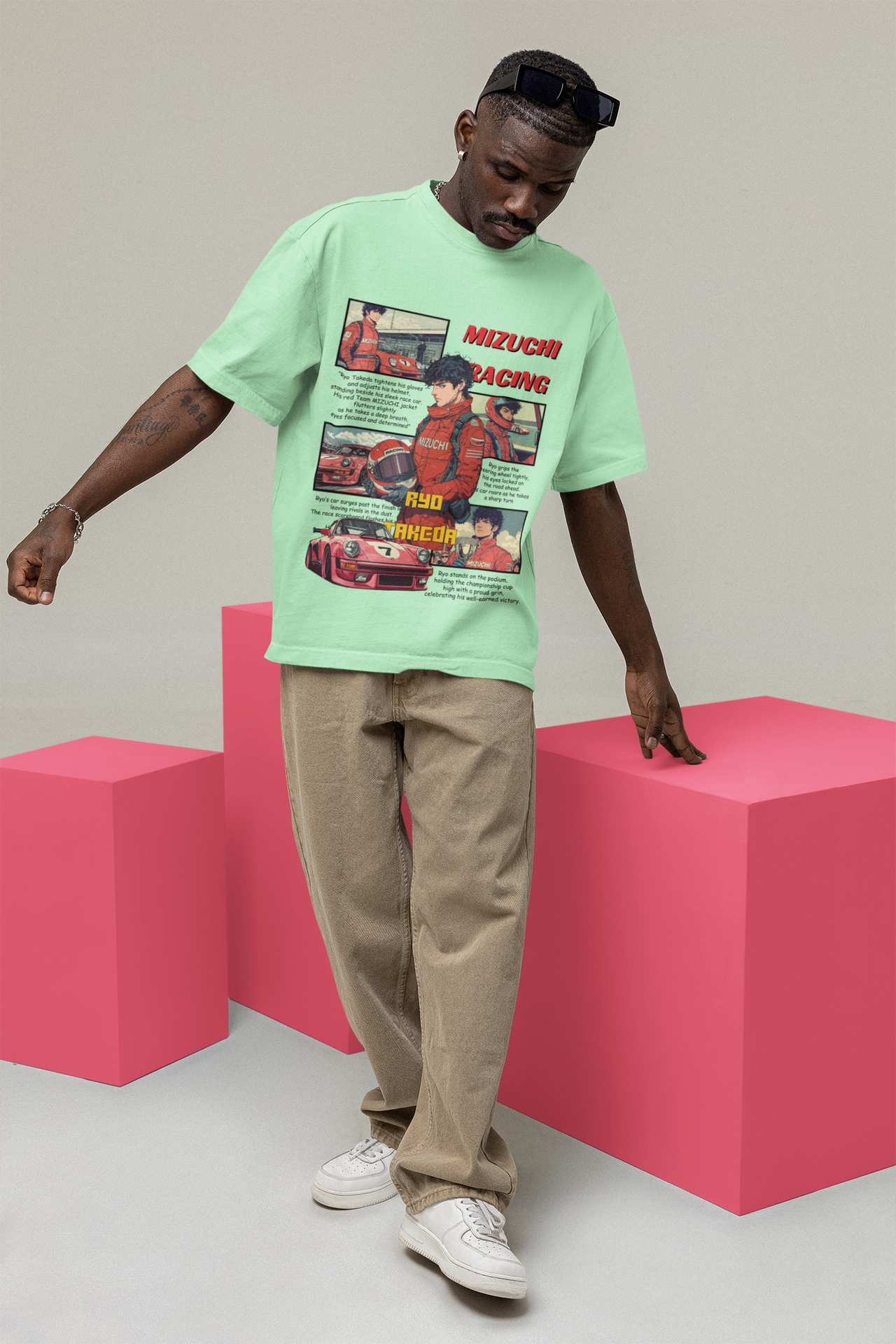 Mizuchi x Nerd Arena ‘Racing Spirit: Ryo Akeda’ Oversized Premium T-Shirt – Mint Green (Limited Edition)