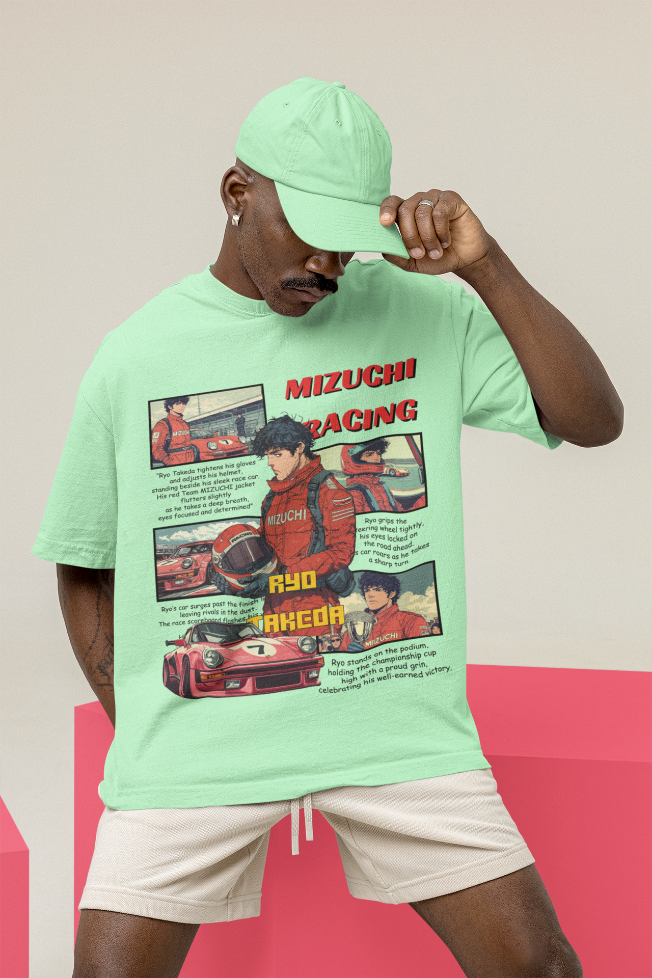 Mizuchi x Nerd Arena ‘Racing Spirit: Ryo Akeda’ Oversized Premium T-Shirt – Mint Green (Limited Edition)