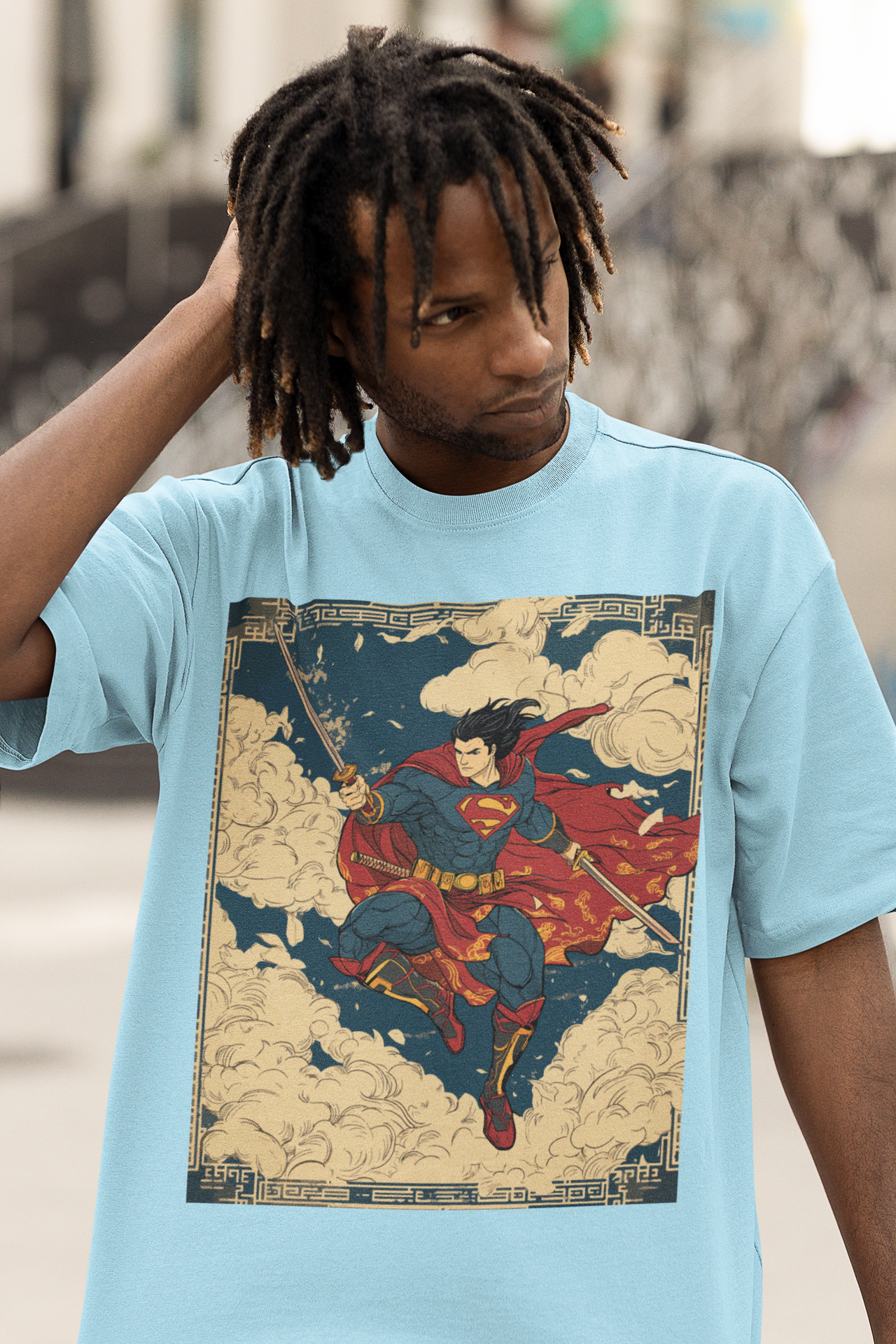 Mizuchi x Nerd Arena ‘Man of the Dynasty’ Oversized Premium T-Shirt – Ice Blue (Limited Edition)