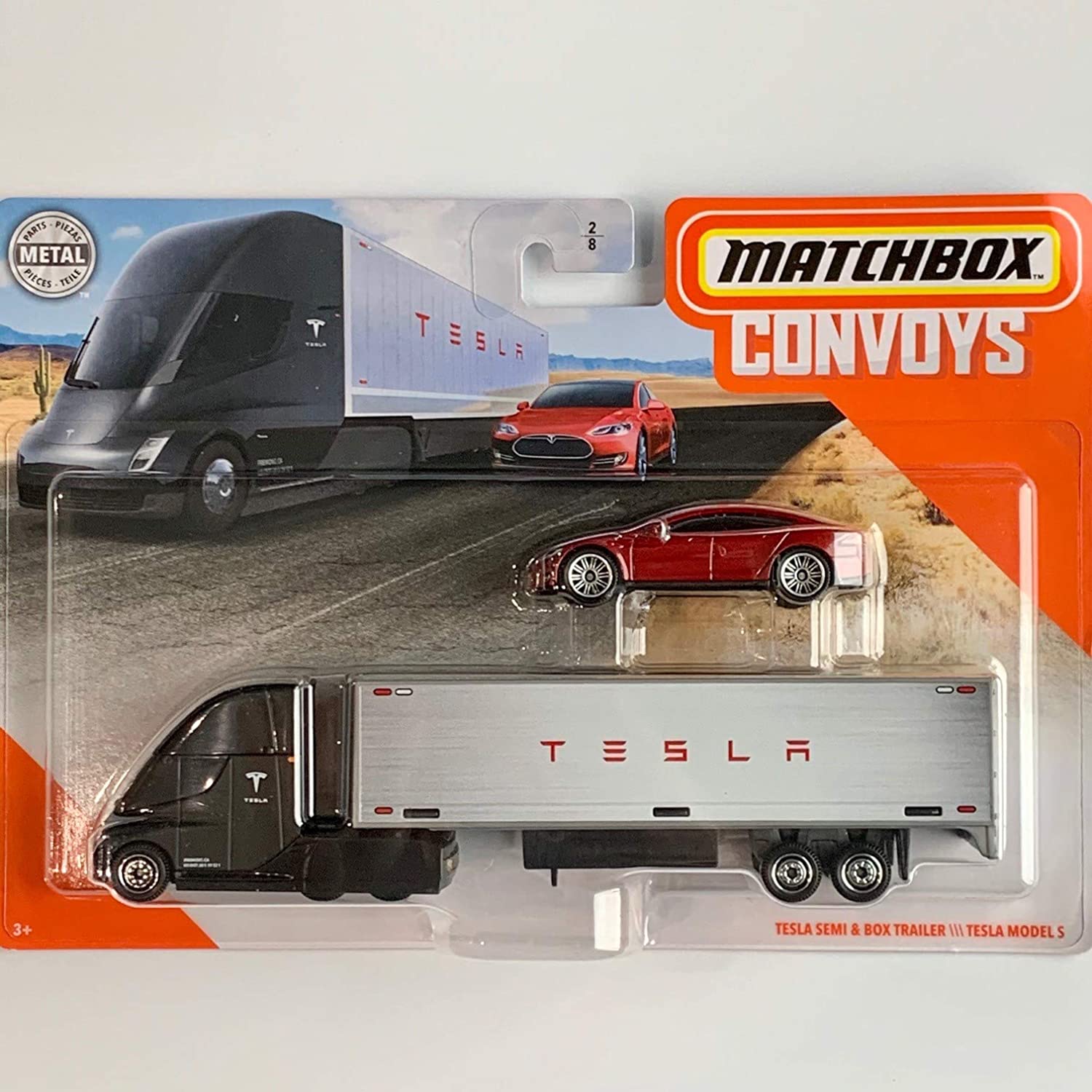 Matchbox Convoys Series Tesla Semi & Box Trailer with red Tesla Model S